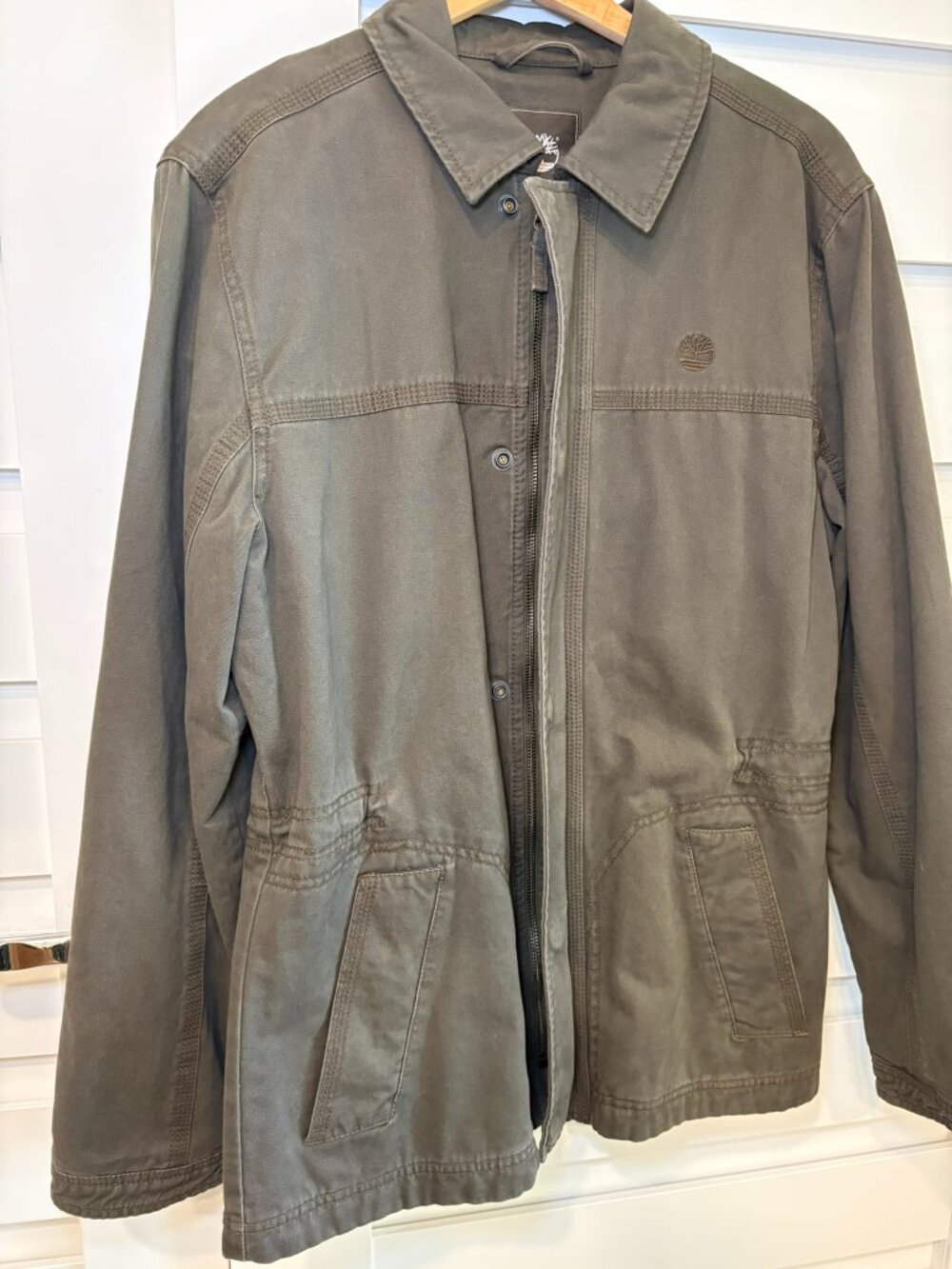 Timberland Olive Cotton Utility Field Fall Jacket Drawstring Waist Size S - Picture 16 of 16